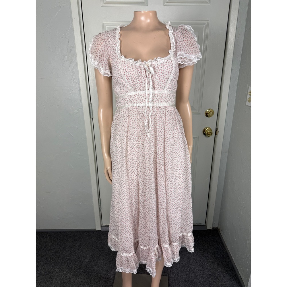 Vintage 70s Gunne Sax Dress 7 Prairie Floral Lace Cottage Bohemian Ribbon Z3-15